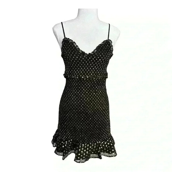 LIKELY Zephra Allover Smocked Black Gold Polka Dot Drop Ruffle Mini Dress 8 - Picture 3 of 10